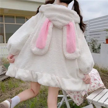 Japāņu Stila Rudens Ziemas Sievietes Salda, Silta Jaka Bunny Mīkstā Lambswool Ruffles Truša Ausis Kapuci Mēteļi Meitenēm Parkas Outwear