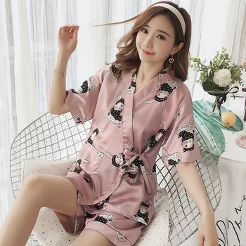 Japāņu Stila sievietes vienkārši Kimono Pidžamu Vasaras Zīda Īsām Piedurknēm Studentiem, Mājas drēbes, Divi-Gabals pidžamas Komplekts bikses sleepwear