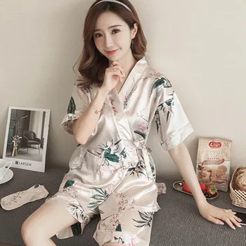 Japāņu Stila sievietes vienkārši Kimono Pidžamu Vasaras Zīda Īsām Piedurknēm Studentiem, Mājas drēbes, Divi-Gabals pidžamas Komplekts bikses sleepwear