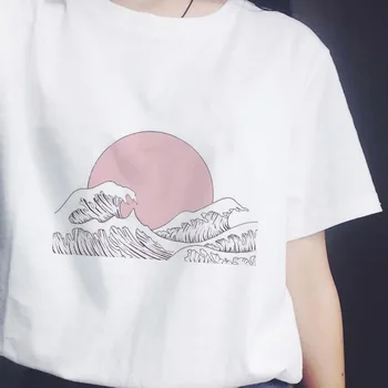 Japāņu Stila T-krekli, Sieviešu Saulrietu Pār Jūru Harajuku Balts T korejas Tshirt Vasaras Tee Kreklu Femme Vogue Tshirt