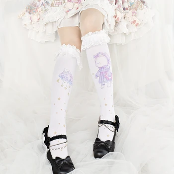 Japāņu Sweet Lolita Balta Mežģīņu Ceļgalu Augstu Zeķes Sievietēm Jauki Karikatūra Kājas Zeķes Kawaii Kaķis Cosplay Meitene Ziemassvētku Zeķes