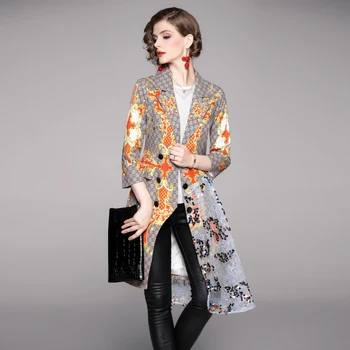 Jauna Eleganta Modes Sieviešu Pavasara Rudens uzvalks apkakli, divrindu retro drukāt izšūšanas acs sequin uzrakt mētelis