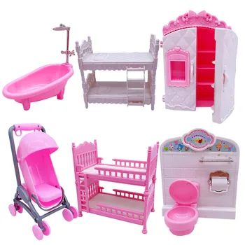 Jauna lelle princese aksesuāri simulācijas mini bērnu tualetes tualetes / divstāvu gultas / ratiem / vanna / skapis bērnu rotaļlietas