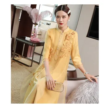 Jauna rudens Tradicionālo Ķīnas nacionālā stila 3D ziedu izšūti slim tēja stila jāatlaiž versiju, cheongsam kleita sievietēm