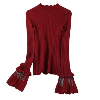 Jaunajā 2020. gada rudens ziemas sieviešu trikotāžas džemperi, topi vintage modes izlīdzināšanu piedurknēm visu maču elastīgs apkakli pelēkā burgundry melns