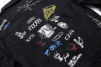 Jaunas idejas, Jauns Džinsa Jaka Vīriešiem Japānas Stila Grafiti Vintage Plāksteris Dizainu, Džinsa auduma Žaketes Vīriešiem Hip Hop Streetwear