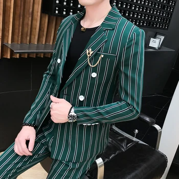 Jaunas Ielidošanas Gadījuma Kostīmi Vīriešu MODES Svītrainu Uzvalku Slim Fit Tuxedos Zaļš Tērps Kāzu Costme Homme Terno Āzijas Izmēra