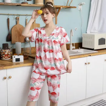 Jaunas ielidošanas pidžamu sievietēm ar īsām piedurknēm pijama uzstādīt ceļa garums karikatūra izdrukāt sleepwear komplekti zaudēt sieviešu pyjama mājas tērps