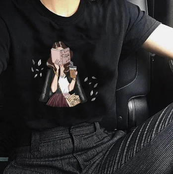 Jaunas Ielidošanas Tee Kreklu Ziemassvētku Femme Harajuku Gothic Drukāt Meitene Lasa Grāmatu Un Dzērieni Kafijas Vogue Streetwear Sieviešu Apģērbi Topi 2019