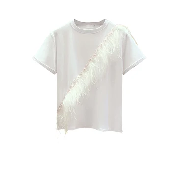 Jaunas Meitenes Nagu Krelles T 2019 Vasaras Smagā Rūpniecība Spalvu Fringed T-krekls Sieviešu Slim Cietā Īsām Piedurknēm T-krekli Pamata Augšu