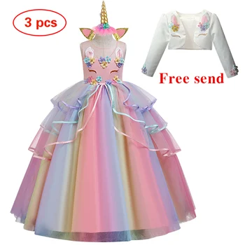 Jaunas Puķu Meitene Kāzu svinības Kokteilis Puse Unicorn drukas kleita meitene, dzimšanas dienas svinības absolvēšanas Princese izšuvumi kleita