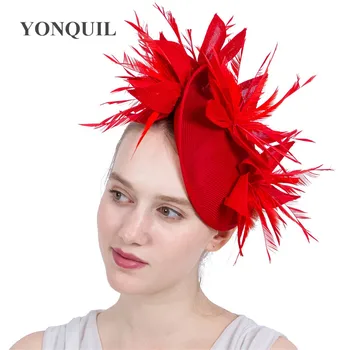 Jaunas Sarkanās Imitācija Sinamay Fascinators Elegantas Dāmas Spalvu Ziedu Cepuri Hairclips Britu Kāzu Puse, Derby Matu Aksesuāri