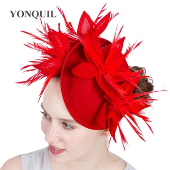 Jaunas Sarkanās Imitācija Sinamay Fascinators Elegantas Dāmas Spalvu Ziedu Cepuri Hairclips Britu Kāzu Puse, Derby Matu Aksesuāri