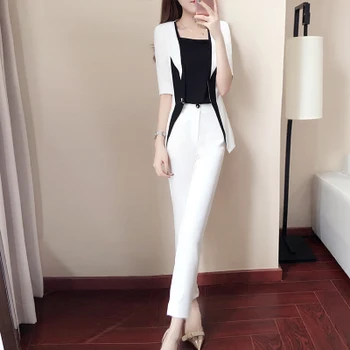 Jaunas sievietes pavasara modes mazo uzvalks divdaļīga pavasara melnā un baltā izšūšanas tērps atbilstu sieviete