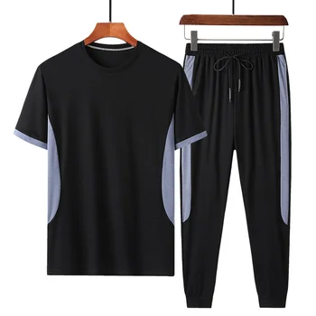 Jaunas Vasaras bambusa, kokvilnas līmēšana vīriešu īsām piedurknēm T-krekls ikdienas sporta tērps vīriešu modes divas gabals vaļīgas bikses, uzvalks