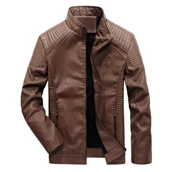Jaunas ziemas vīriešu ādas jaka, mētelis classic ādas motociklu, ādas jaku atpūtas apģērbu Plus samta Stand apkakli