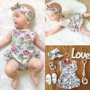 Jaundzimušais Mazulis Baby Girl Apģērbu Ziedu Tērpiem Komplekts Mežģīņu Jumpsuit Romper Bodysuit s