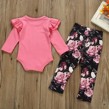 Jaundzimušais Meitene Apģērbu Komplekti Zīdaiņiem Modes vienkrāsainu Romper Top+ziedu drukāt bikses 2gab Rudens Baby Girl Apģērbu uzvalks
