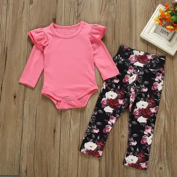 Jaundzimušais Meitene Apģērbu Komplekti Zīdaiņiem Modes vienkrāsainu Romper Top+ziedu drukāt bikses 2gab Rudens Baby Girl Apģērbu uzvalks