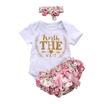 Jaundzimušais Meitene Drēbes, Uzstādīt Summer Infant Baby Meitene Apģērbs ar Īsām Piedurknēm Bodysuit Ruffles Ziedu Šorti Galvu 3Pcs Drēbes