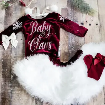 Jaundzimušais Meitenes Ziemassvētku Apģērbu ar garām Piedurknēm Velet Romper+Svārki+Galvas Silts Apģērbs no 0-24months