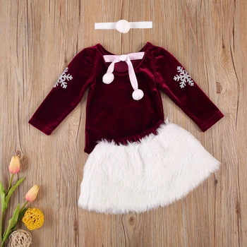 Jaundzimušais Meitenes Ziemassvētku Apģērbu ar garām Piedurknēm Velet Romper+Svārki+Galvas Silts Apģērbs no 0-24months