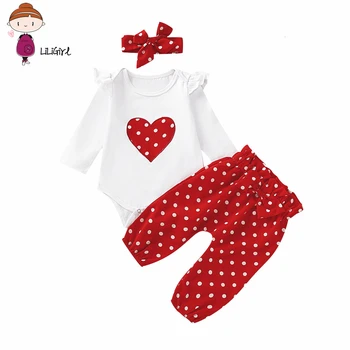 Jaundzimušais Meiteņu Drēbes ar Īsām piedurknēm Sirds Print T-krekls+red Polka Dot Bikses+Galvas Zīdaiņu 3Pcs Baby Meiteņu Apģērba Komplekts