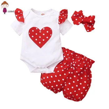 Jaundzimušais Meiteņu Drēbes ar Īsām piedurknēm Sirds Print T-krekls+red Polka Dot Bikses+Galvas Zīdaiņu 3Pcs Baby Meiteņu Apģērba Komplekts