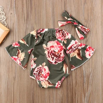 Jaundzimušais Meiteņu Drēbes Izlīdzināšanu Piedurknēm Ziedu Bodysuit +hESDBAND Jumpsuit Tērpiem, Izmērs 0-24M