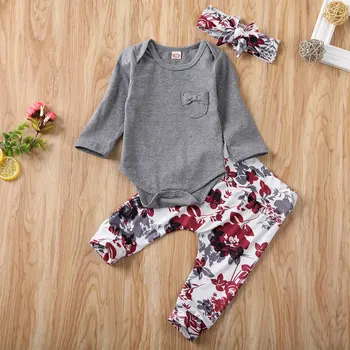 Jaundzimušais Meiteņu Drēbes Romper Jumpsuit +Ziedu Bikses garās Zeķes+Galvas 3PCS Gadījuma, Zīdaiņu Apģērbs Apģērbs, Komplekts