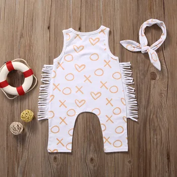 Jaundzimušiem Bērniem, Baby Meitene bez Piedurknēm Ģeometrija Romper Jumpsuit+Galvassegu Apģērbs, Apģērbu Komplekts Izmērs 0-24M