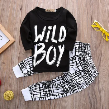 Jaundzimušo Bērnu Bērni Zēnu Apģērbu Komplekts Ar Garām Piedurknēm Krekls Topi+Bikses Ar Garām Piedurknēm Vēstuli Black Jauki Pavasara Apģērbs, Apģērbu Komplekts