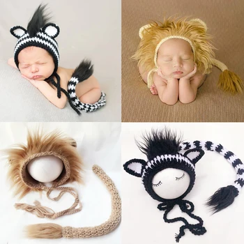 Jaundzimušo Fotogrāfiju Apģērbu, Lauva, Zebra Dizaina Vilnas Adītas Bērnu Zēns Meitene Attēli Tērpiem Lionet Cepure + Aste 2gab Kostīmi