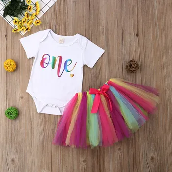 Jaundzimušo Sweet Baby Meitenes, 1. Dzimšanas dienas svinības Apģērbs ar Īsām Piedurknēm, Vienu izdruku Bodysuit Varavīksnes Tutu Tilla Svārki 2gab Komplekti 0-18M