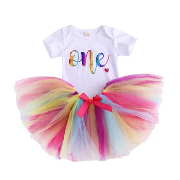 Jaundzimušo Sweet Baby Meitenes, 1. Dzimšanas dienas svinības Apģērbs ar Īsām Piedurknēm, Vienu izdruku Bodysuit Varavīksnes Tutu Tilla Svārki 2gab Komplekti 0-18M