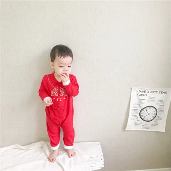 Jaundzimušo Unisex Baby Romper Ķīnas Pavasara Svētki Jumpsuit Izšuvumi Stils Ilgi Romper Garām Piedurknēm Tradicionālo Sprādzes Tangsuit