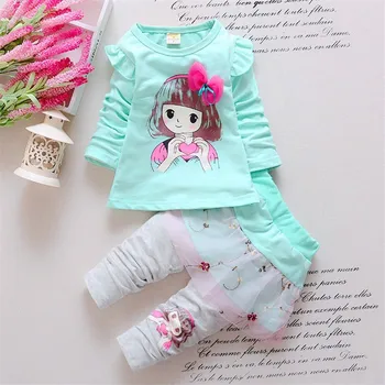 Jaundzimušā Apģērbu Pavasarī Baby Girl Apģērbu Komplekts Regulāri Piedurknēm O-Veida Kakla Skaistumu Bowknot Iespiesti Meitene Apģērbs Bērnu Komplekti Todder Uzvalks