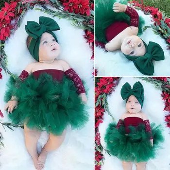 Jaundzimušā bērna Baby Girl Ziemassvētku Drēbes Nosaka Pie Pleca Top+Mežģīnes Tutu Svārki Galvu 3pcs Ziemassvētki Puse Apģērbs