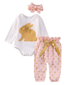 Jaundzimušā bērna Baby Meitenes Vasaras Sunsuit garām piedurknēm trušu modelis Bodysuit + dot Bikses Tērpiem