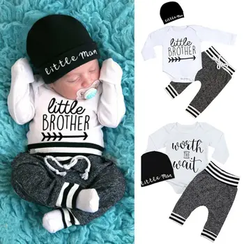 Jaundzimušā bērna Puiku Drēbes Komplekti 3pcs Mazais Brālis ar garām Piedurknēm Romper Elsas Cepures Apģērbs, Apģērbu Komplekts