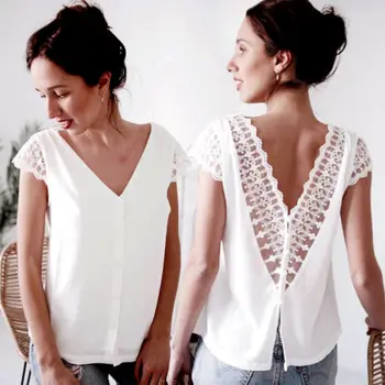 Jauno Modes Cietā Sieviešu Ikdienas Īsās Piedurknes Mežģīņu Topi Dāmas Vasaras V Kakla Atklātu Atpakaļ T Krekls Top