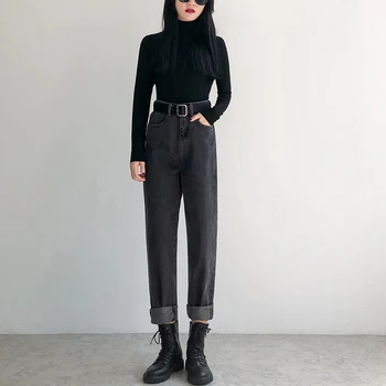 Jauno Modes Melna pelēka Cietā Džinsi Sievieti Iela Valkā Vintage Augsta Vidukļa Džinsa Bikses Sieviete Gadījuma Jean Sieviešu Plus Izmēra