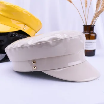 Jauno Modes Militārās Cepures Augstas Kvalitātes Dāmas Klp tīrtoņa Krāsu Flat Top Hat PU Ādas Kaulu Kapteinis Sieviešu Rudens Beretes