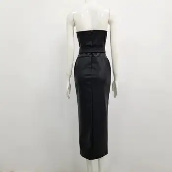 Jauno Modes Sexy Strapless Black Ceļa Garums PU Sieviešu Ādas Kleita 2020. Gadam Dizainers Elegantas Vakara Klubs Puse Kleita Vestido