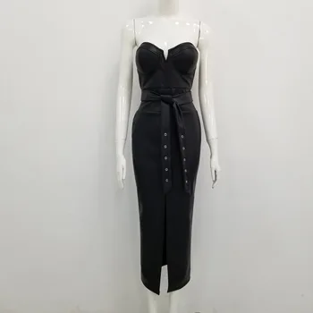 Jauno Modes Sexy Strapless Black Ceļa Garums PU Sieviešu Ādas Kleita 2020. Gadam Dizainers Elegantas Vakara Klubs Puse Kleita Vestido