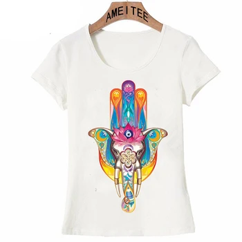 Jauno Modes Sievietēm ar Īsām Piedurknēm Rezultāts hamsa Print T-krekls Meitene Labas Kvalitātes Gadījuma Topi Baltā t-veida Harajuku Zen Īsām Piedurknēm