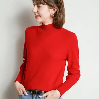 Jauns augstu uzrullētu apkakli T-krekls Slim T-krekls Sieviešu Trikotāžas Tops tīrtoņa Krāsu augstu uzrullētu apkakli T-krekls, sarkans