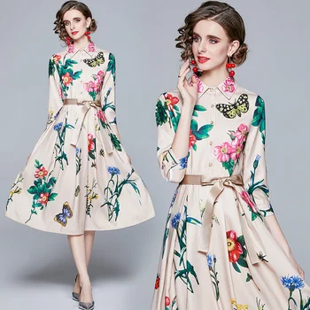 Jauns Elegants Vintage Sieviešu Ziedu Drukāt Slim Tunika Kleita Vakara Puse Apģērbu Lady Trīs Ceturtdaļu Piedurknēm Kleitas Kroku