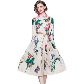 Jauns Elegants Vintage Sieviešu Ziedu Drukāt Slim Tunika Kleita Vakara Puse Apģērbu Lady Trīs Ceturtdaļu Piedurknēm Kleitas Kroku