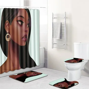 Jauns Krāsains Āfrikas Sievietēm Drukāšanas Tualetes Pad Cover Vannas Paklājiņš Dušas Aizkaru Komplekts 4gab/set Tualete Tualetes Piederumi